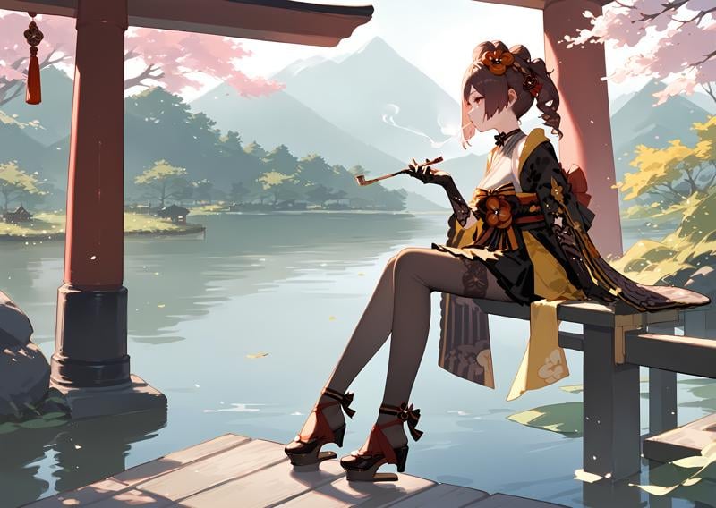 (score_9, score_8_up, score_7_up), 1girl, chiori, choker, forearm gloves, lace pantyhose, heel-less heels, sitting, from side, holding smoking pipe, torii, lake, <lora:chiori-giPO-v1a-000007:0.9>