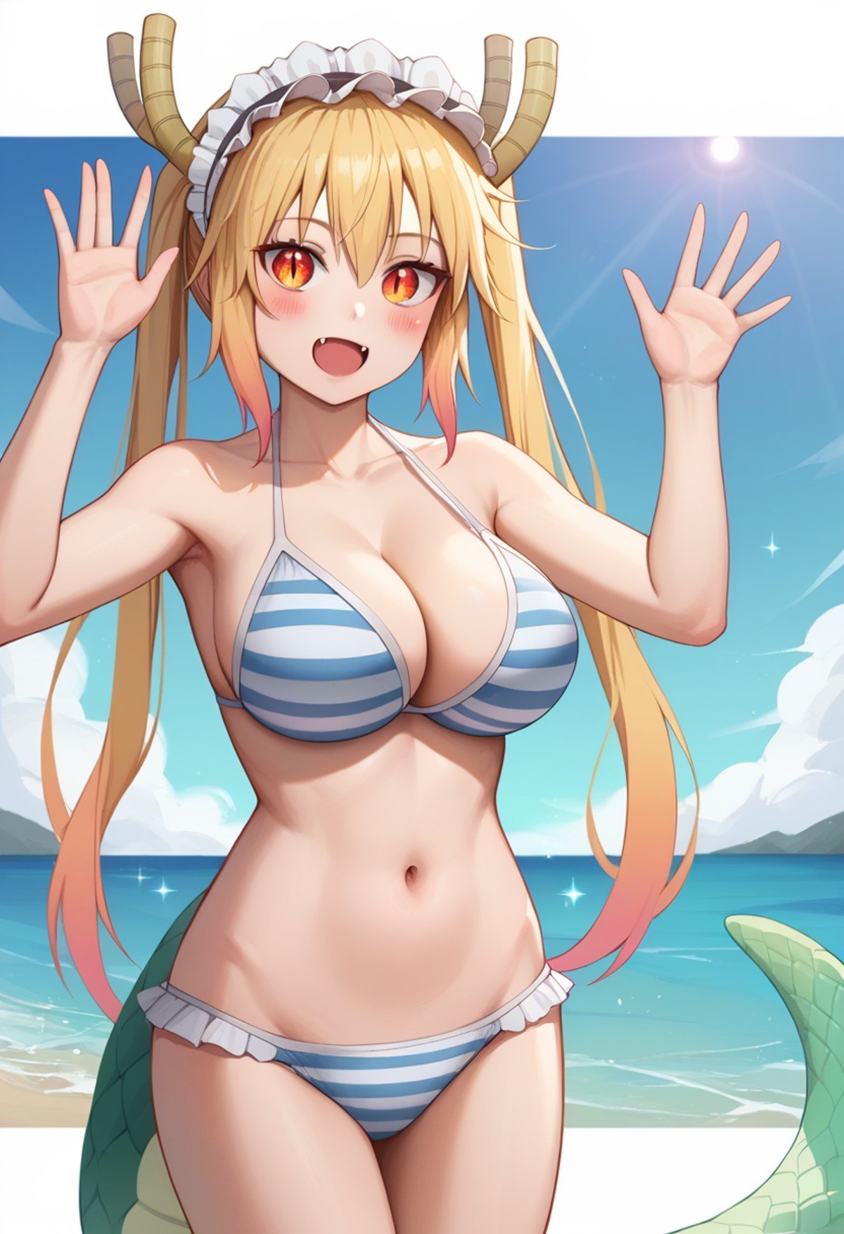 score_9,score_8_up,score_7_up, <lora:tohru_(maidragon)_pony:1>，highres, frilled_bikini, blue_sky, fang, tohru_\(maidragon\), cropped_legs, 1girl, dragon_girl, striped_clothes, collarbone, solo, looking_at_viewer, cleavage, ocean, navel, cloud, day, sunlight, signature, artist_name, striped_bikini, commentary_request, beach, absurdres, outdoors, open_mouth, large_breasts, hip_focus, sparkle, pink_bikini, waving, arm_up, sand, blush, maid_headdress, heart, standing