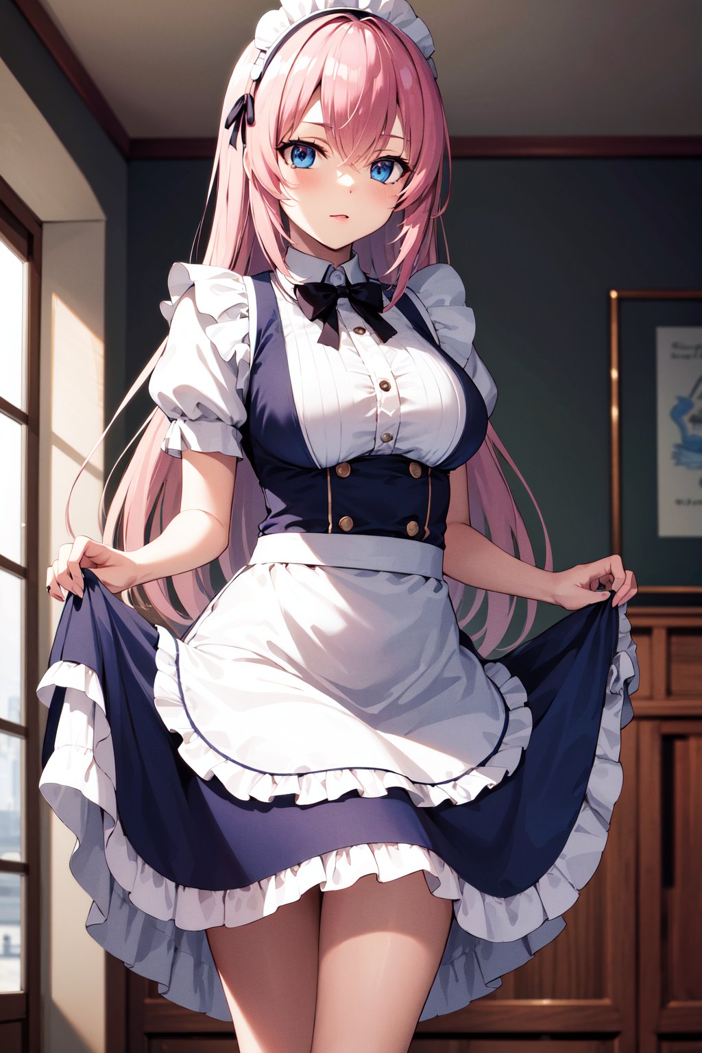 masterpiece, best quality, highres, aahonami, long hair, pink hair, blue eyes,  <lora:ichinose_honami_v1:0.7>, maid, maid headdress, skirt hold, standing, indoors