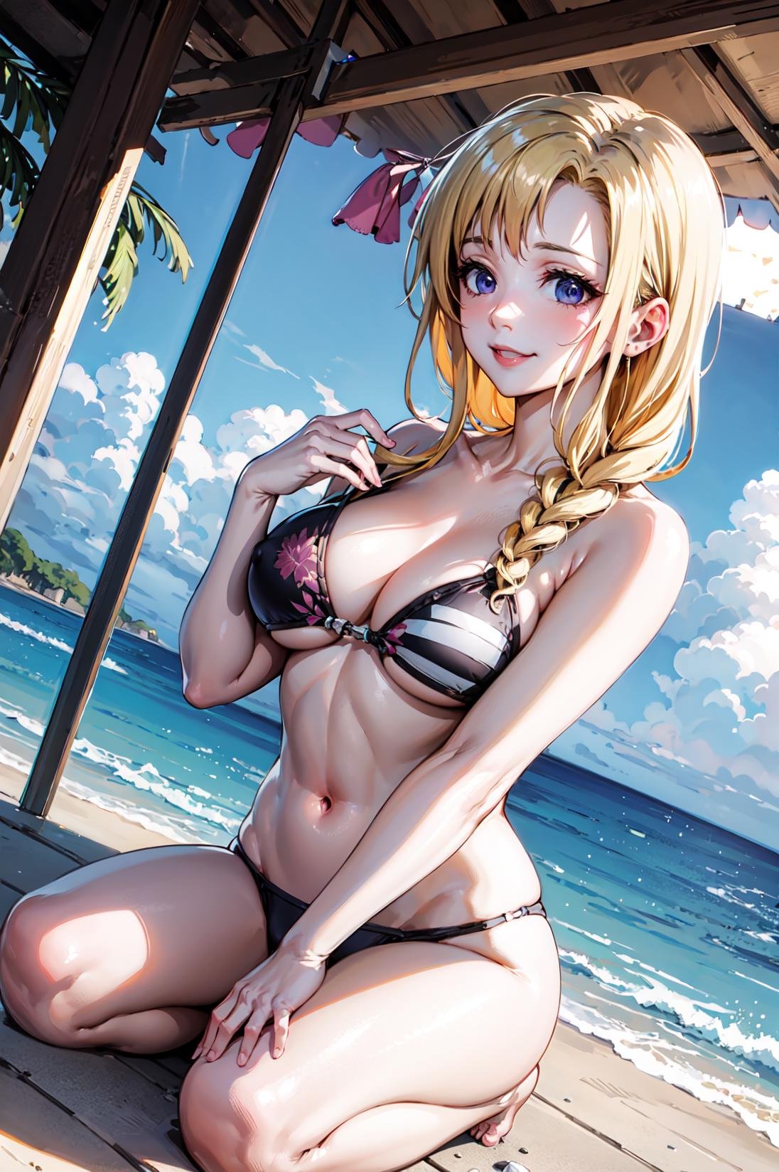 cinematic angle,seiza,<lora:louiseV1:0.9>,def_louise,smile,blonde hair,swimsuit,beach,(masterpiece, best quality, ultra-detailed, best shadow) ,