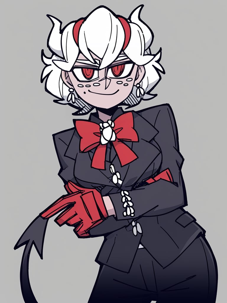 <lora:xl_Helltaker style(pony)-000005:1>,Helltaker style, 1girl, horns, formal, suit, red eyes, tail, white hair, jewelry, demon tail, demon horns, demon girl, gloves, short hair, solo, business suit, earrings, transparent background, white horns, waistcoat, freckles, bow, smile, looking at viewer, red gloves, bowtie, score_9, score_8_up,