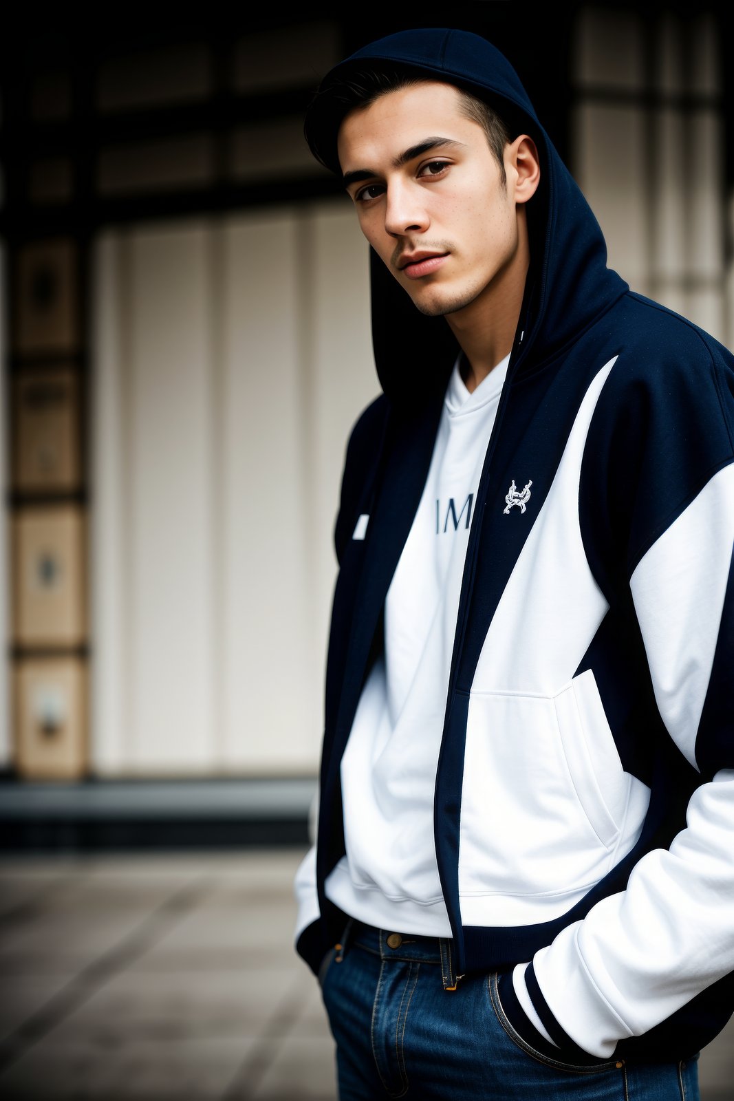 pictorialist style photo of a man, eager, navy varsity jacket, white graphic hoodie and slim-fit jeans, close-up, under god rays, ground level, shot on a Hasselblad X1D II