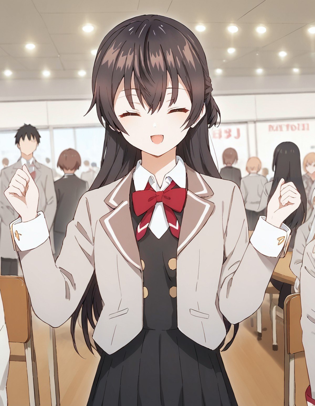 score_9, score_8_up, score_7_up, source_anime,1girl, crowd, looking at viewer, indoors, blurry backround, cowboy shot, happy, closed eyes, clenched hands, school, cafeteria, <lora:yuki_anime-soralz:1>, yuki, black hair, long hair, half updo, hair between eyes, school uniform, grey jacket, open jacket, long sleeves, red bow, white shirt, collared shirt, black vest, buttons, black dress, black socks, 