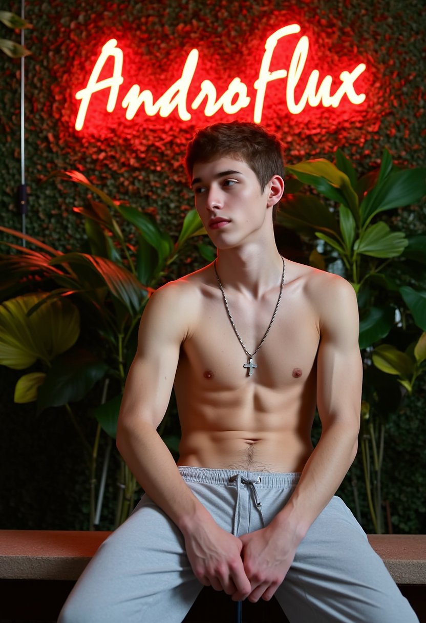 a photograph by Larry Clark of a shirtless muscular male in his early twenties with fair skin and styled brown hair, sitting in a tropical oasis, there is a neon sign with the word "AndroFlux" written in cursive. he is wearing grey sweatpants, high resolution, he is wearing a necklace, epic floral photography, wearing a silver necklace with a cross, tropical and serene