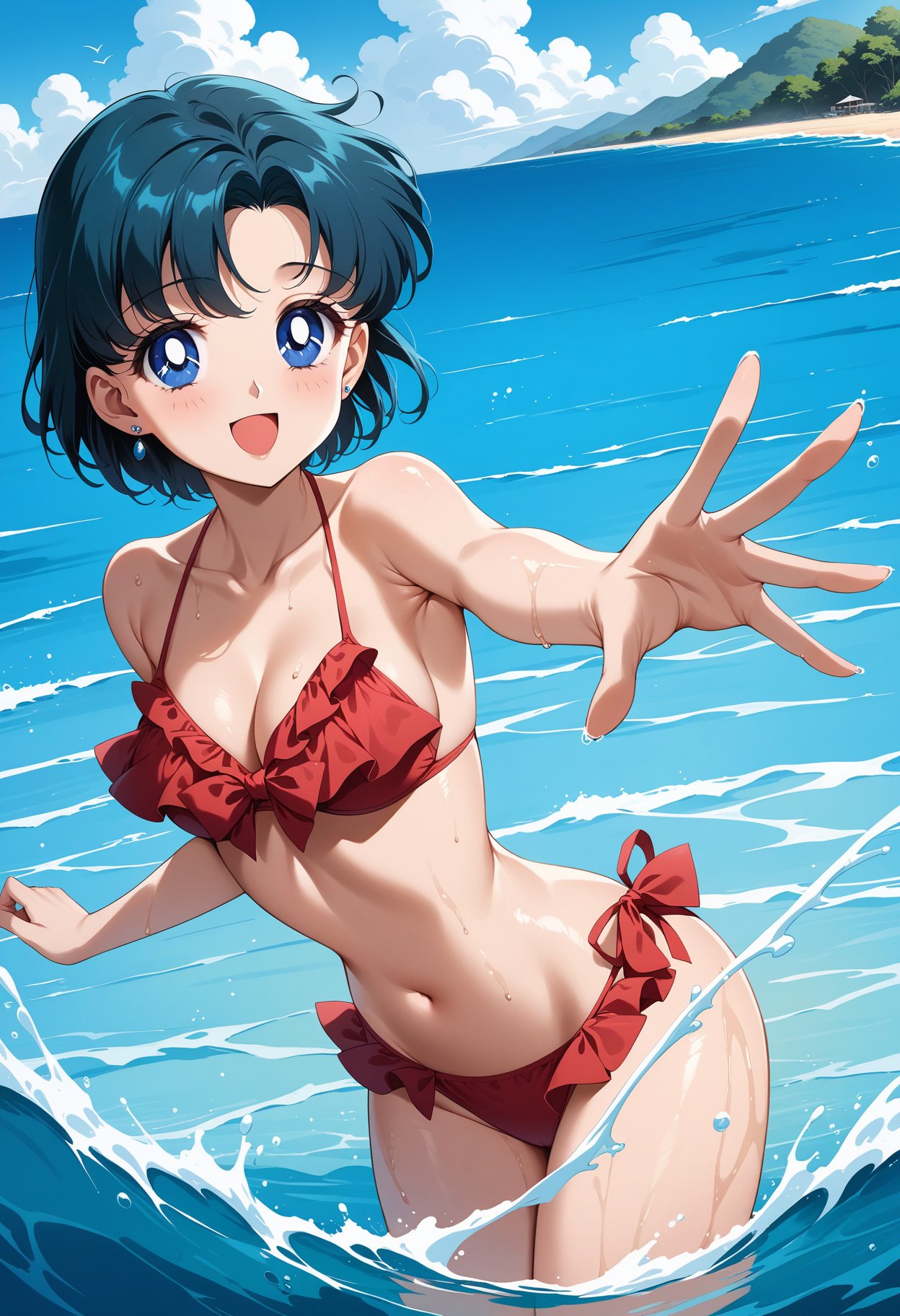 (masterpiece, best quality, very aesthetic, ultra detailed), intricate details, 4k, aamercury, short hair, blue hair, earrings, blue eyes, <lora:sailor_mercury_animaginexl_v1:0.9>, red bikini, frilled bikini, ocean, splashing, wet, partially submerged, water, smile, open mouth, reaching, cowboy shot,