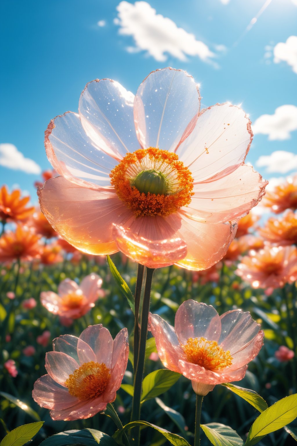 photorealistic, realistic, no humans, flower, blurry, orange flower, still life, depth of field, outdoors, blurry background, day, sky, red flower, blue sky, cloud, leaf, scenery, transparent