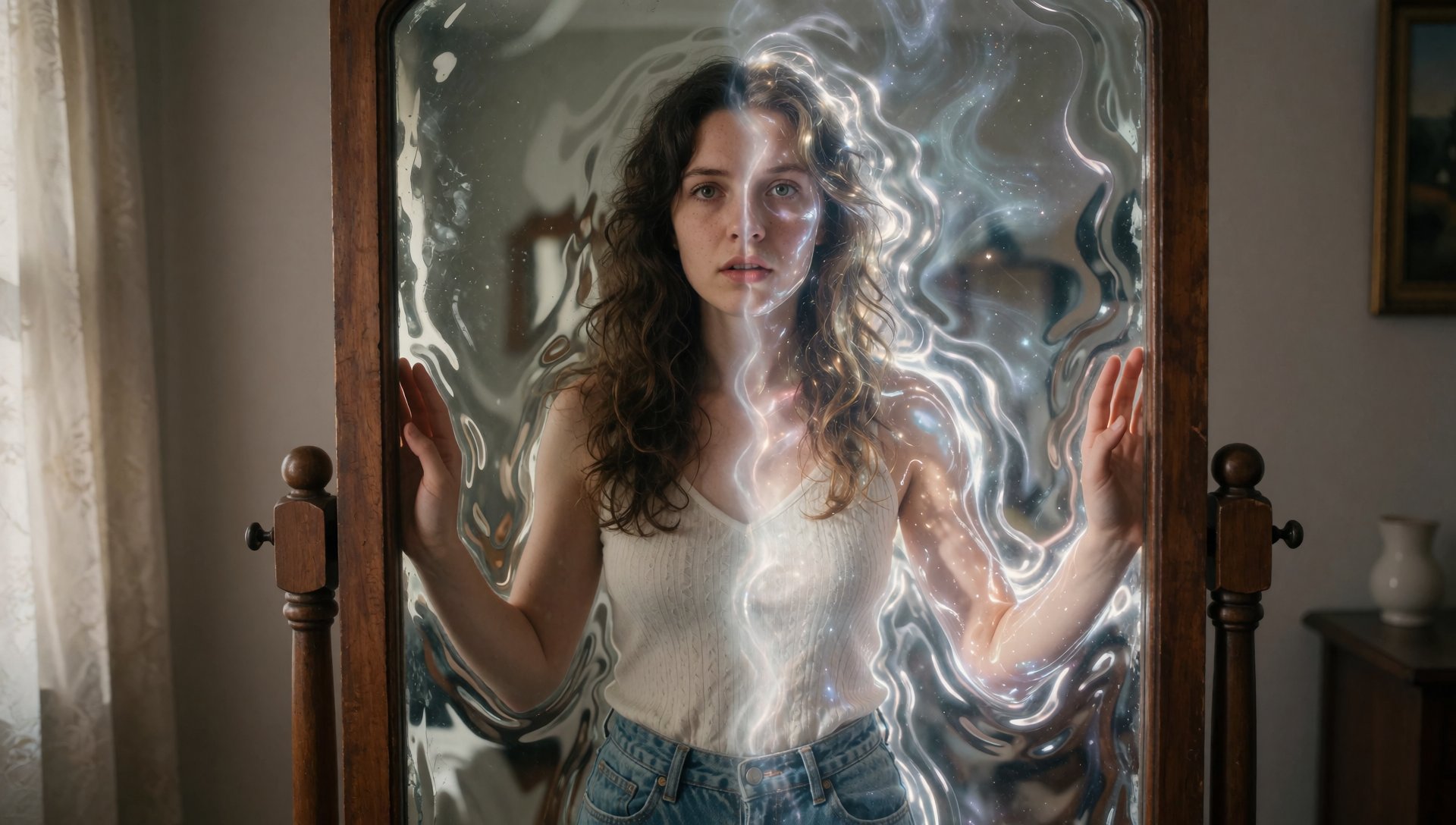 A young woman stands at the threshold of a magical mirror,  her body split between two worlds. One half of her remains in...