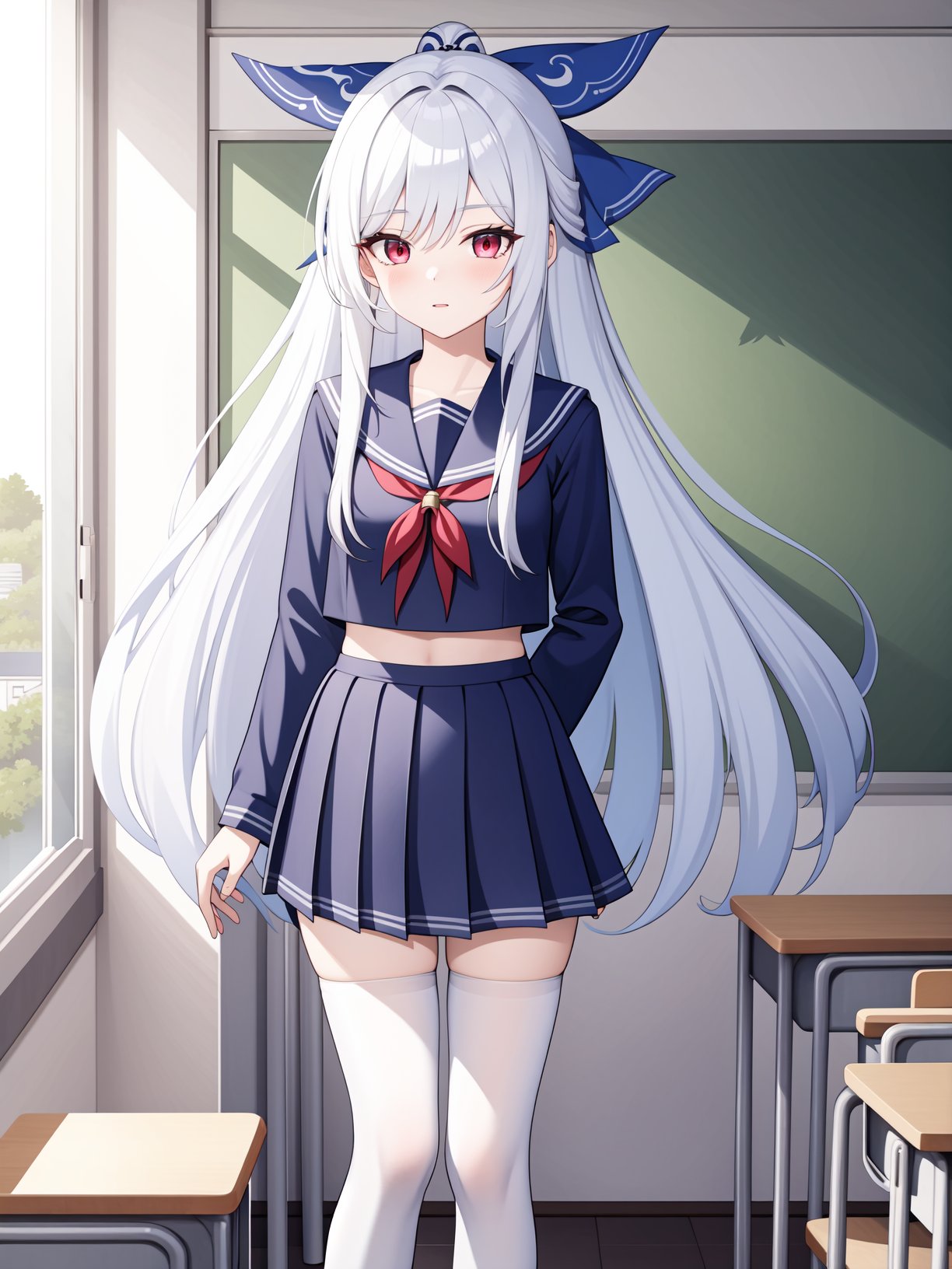 <lora:jingliu-000012:0.75>,jingliu,1girl,solo,long hair,red eyes,bangs,white hair,very long hair,school uniform,classroom,jk,serafuku,white silk stockings,white tights,hair bow,, 1girl,,  (masterpiece,best quality:1.2),absurdres