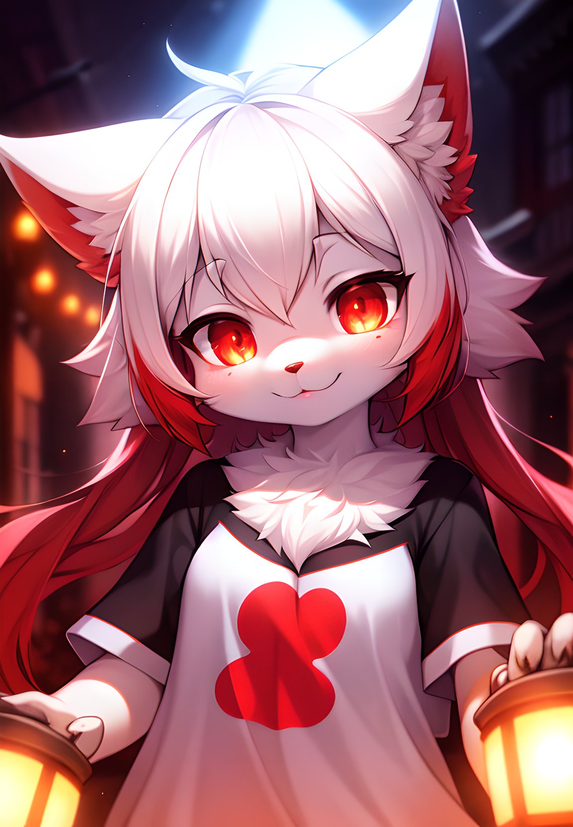 furry, white fur, ultra cute face, red elements on fur, glowing t-shrt, beautiful lights and shadows, ambient light, ultra detailed fur, volumetric light