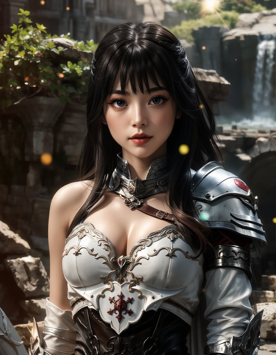 1girl, cute face, standing, upper body, show breasts, cleavage, pov, hug, enfold, vertically, knight, hot spring background, dark theme, high key light, rim light, spark rainbow light reflection, fantasy white armor<lora:hinaFluxFantasyArmorMix-schnell_v1-rev1:0.9> <lora:hinaFluxAsianMixLora-schnell_v1:0.6>