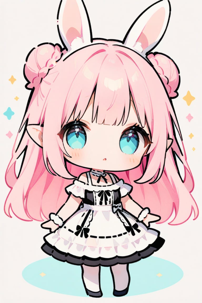 1girl,cocoart,(chibi,simple art:1.5),rabbit ears,pink hair,double bun,braided bun,wavy long hair,child,aqua eyes,parted_lips,short pointy_ears,white lace-trimmed a lot of frills white cute choker,wrist scrunchie,white Clothes,off-shoulder,clavicle,white gothic near white maid,