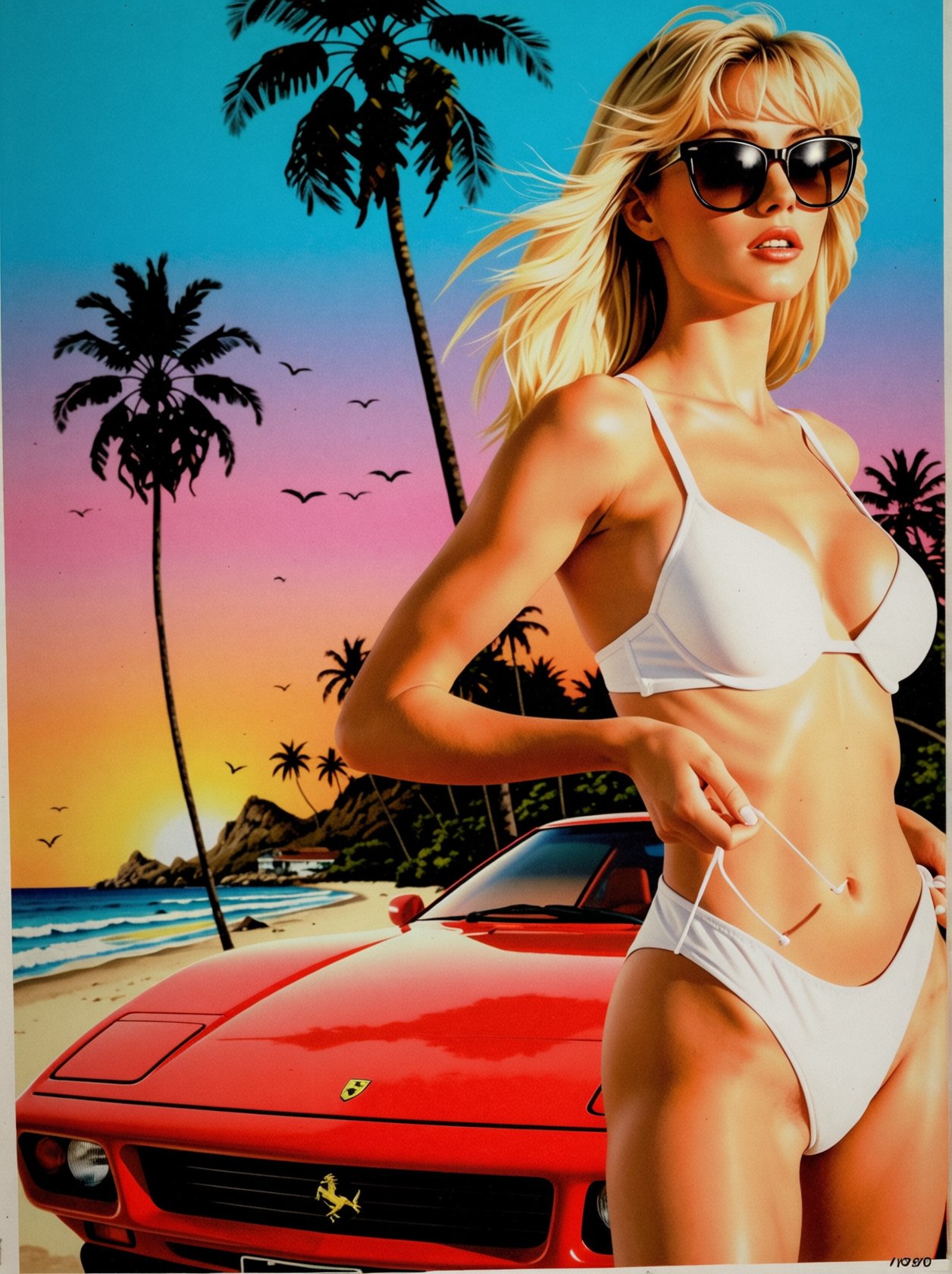 1986 vintage VHS movie poster artwork without text,  gorgeous blonde woman wearing a white high-cut bikini standing on a t...