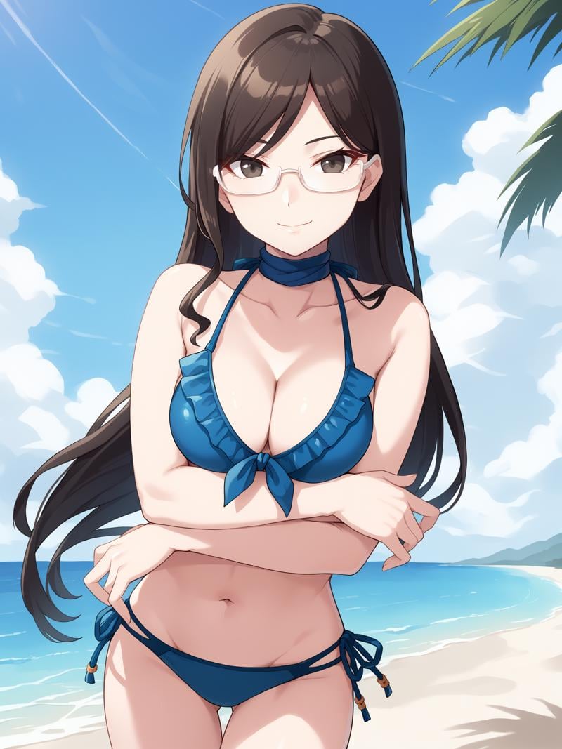 score_9, score_8_up, score_7_up, score_6_up, score_5_up, score_4_up, yurialpha, solo, collarbone, cleavage, large_breasts, looking_at_viewer, closed_mouth, light_smile, loose_hair_strand, long_hair, rimless_eyewear, blue_neck_ribbon, blue_bikini, frilled_bikini_top, front-tie_bikini_top, side-tie_bikini_bottom, navel, groin, crossed_arms, legs_together, standing, outdoors, day, beach, sand, ocean, palm_tree, blue_sky, cloud_sky, water,  <lora:Alpha_V1SDXL:1>