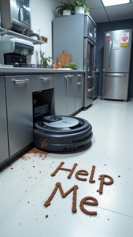 In a futuristic kitchen, a robot vacuum is trapped under a cabinet, its wheels spinning uselessly as it tries to break free. The normally pristine floor is littered with dust and crumbs, and in its struggle, the vacuum has inadvertently written “Help Me” in the dirt. The message is crudely formed but clear, a desperate cry from the malfunctioning machine. The kitchen’s sleek, metallic surfaces reflect the vacuum’s plight, adding a sterile and somewhat comedic tone to the scene. A nearby smart fridge chimes obliviously with a notification about low milk supplies. with Text: "Help Me"   , aidmaTextImprover