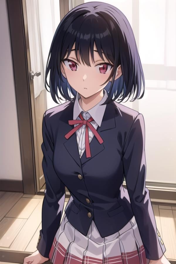 yakumotsukamoto, <lora:yakumo tsukamoto s2-lora-nochekaiser:1>,yakumo tsukamoto, short hair, black hair, (red eyes:1.3),BREAK skirt, shirt, long sleeves, bow, ribbon, school uniform, white shirt, pleated skirt, collared shirt, bowtie, red ribbon, neck ribbon, red skirt,BREAK indoors, classroom,BREAK looking at viewer, (cowboy shot:1.5),BREAK <lyco:GoodHands-beta2:1>, (masterpiece:1.2), best quality, high resolution, unity 8k wallpaper, (illustration:0.8), (beautiful detailed eyes:1.6), extremely detailed face, perfect lighting, extremely detailed CG, (perfect hands, perfect anatomy),