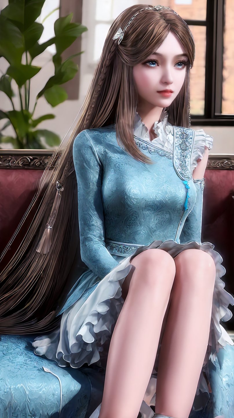 ((masterpiece)),((best quality)),wallpaper,nrr,1girl,solo,long hair,brown hair,hair ornament,closed mouth,realistic,looking to the side,chinese clothes,frills,braid,long sleeves,blue sleeves,asymmetrical clothes,tassel,parted bangs,skirt_removed,palms_together,looking_at_viewer,realistic,realive,((official wallpaper)),,bare_legs,detailed facial features,indoor,bedroom,window,couch,depth of field,sitting,brown high heels,dynamic_pose,<lora:玫瑰花场景-王导:0.6>