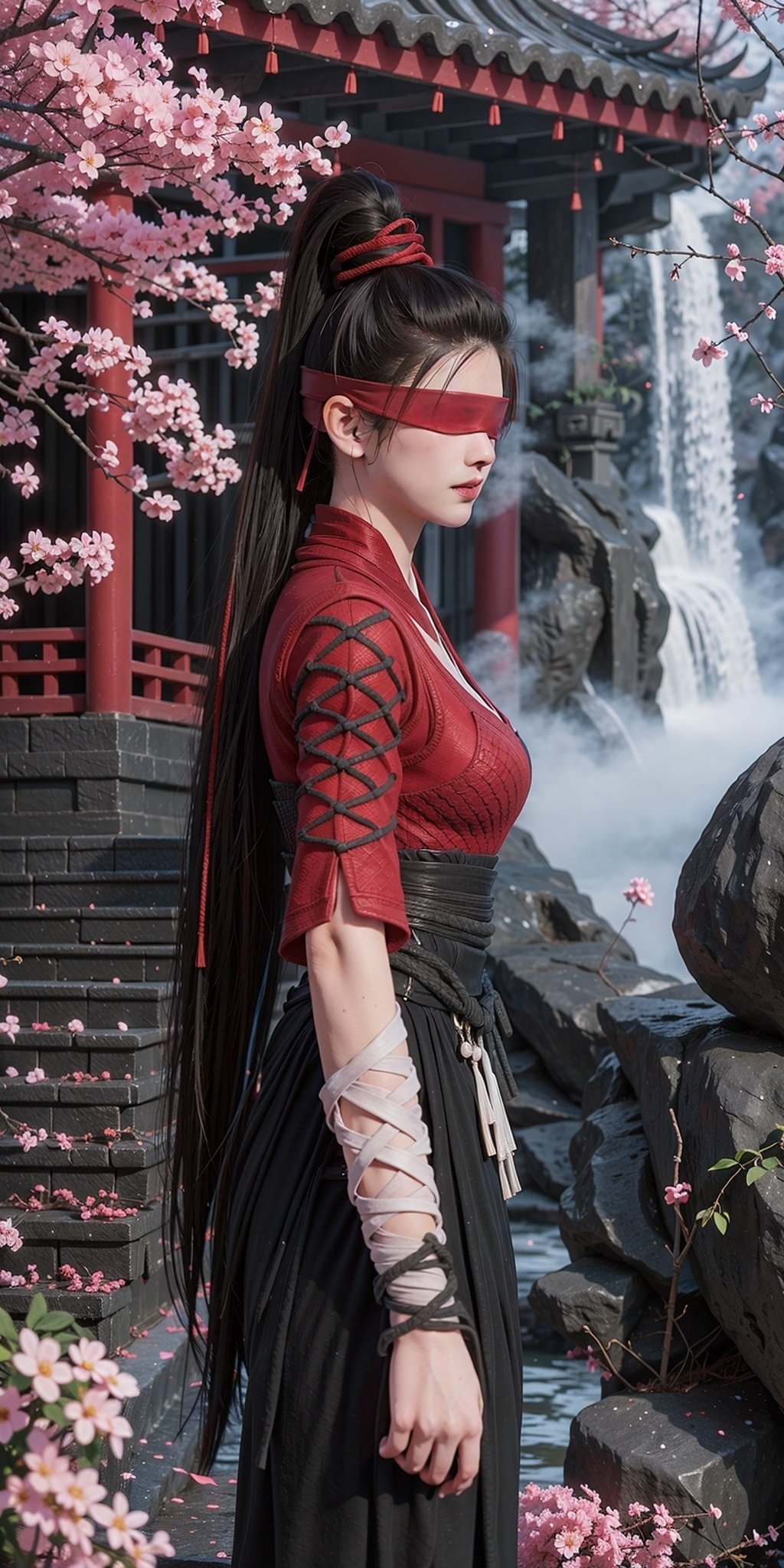 <lora:NHY_20240225191203-000005:0.7>,NHY,1girl,solo,long hair,ponytail,black hair,high ponytail,headband,red headband,long sleeves,blindfold,(covered eyes:1.3),armor,breastplate,scenery,tree,east asian architecture,architecture,cherry blossoms,outdoors,petals,pants,facing viewer,black pants,hair bun,black footwear,boots,bandages,ribbon,hair ribbon,japanese clothes,multicolored hair,waterfall,stairs,water,rock,red jacket,short sleeves,rope,tassel,bandaged arm,red shirt,black hakama,reverse grip,topknot,nature,sash,multiple braids,cross-laced clothes,red ribbon,single hair bun,jacket,belt,<lora:MHB:0.2>,<lora:HDR:0.5>,, (raw photo:1.2),((photorealistic:1.4))best quality,masterpiece,illustration,an extremely delicate and beautiful,extremely detailed,CG,unity,8k wallpaper,Amazing,finely detail,masterpiece,best quality,official art,extremely detailed CG unity 8k wallpaper,absurdres,incredibly absurdres,huge filesize,ultra-detailed,highres,extremely detailed,beautiful detailed girl,cinematic lighting,1girl,pale skin,tall female,(perfect body shape),skinny body,Slender legs,, (Cowboy shot,Distant view,telechoto:1.1)