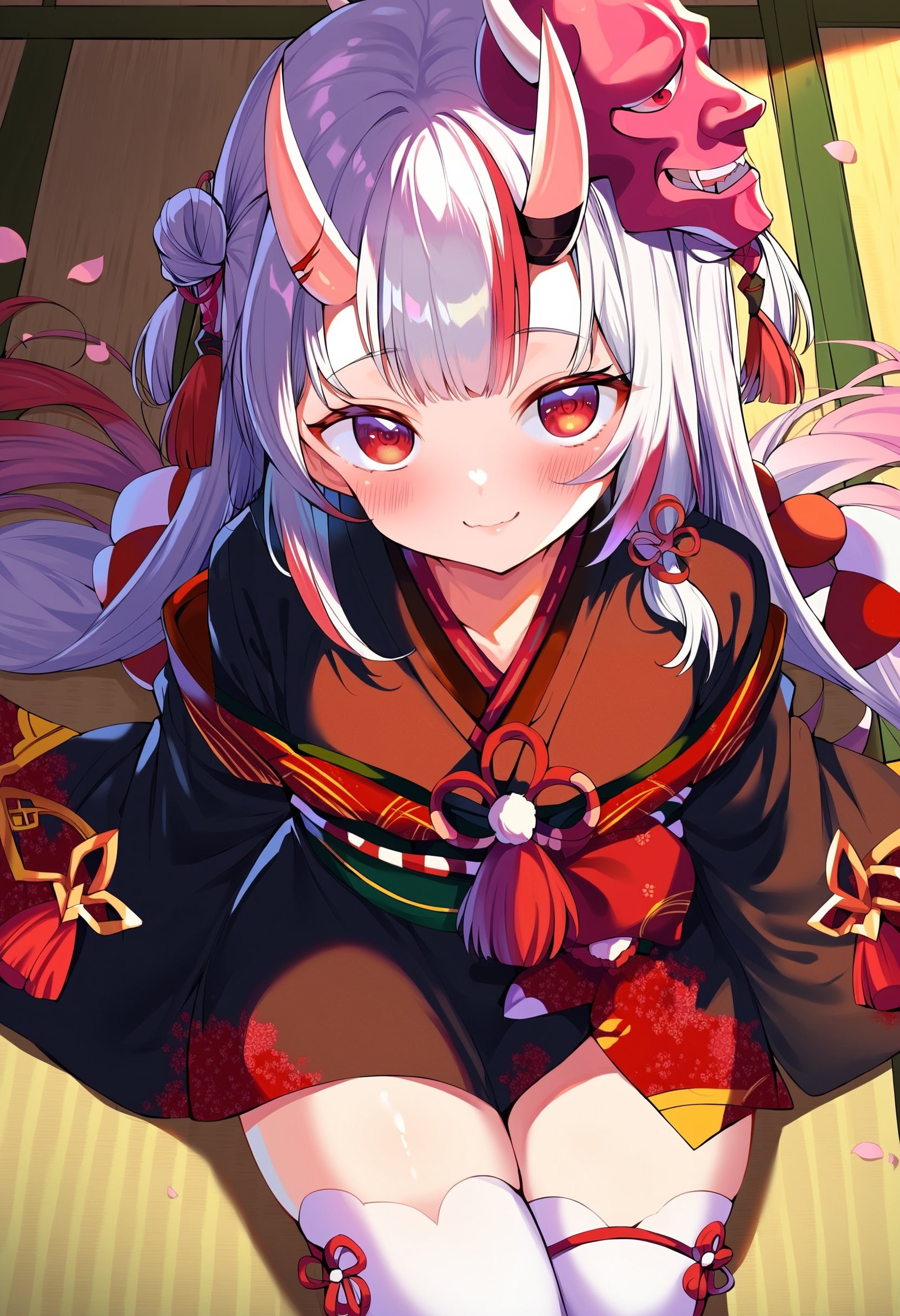 score_9, score_8_up, score_7_up, score_6_up, source anime,nakiri ayame, nakiri ayame base, 1girl, looking at viewer, solo, oni, japanese clothes, blush, kimono, white thighhighs, long hair, smile, skin-covered horns, :3, hair ornament, oni mask on head, sitting, black kimono, looking up, tatami, closed mouth, from above, indoors, lying, petals, tassel<lora:nakiri_ayame_v1:1>