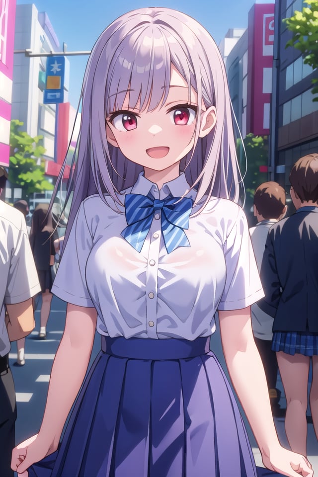 insanely detailed, absurdres, ultra-highres, ultra-detailed, best quality,1girl, solo, nice hands, perfect handsBREAKsummer school uniform with indigo blue bowtie, (short sleeves, dark blue skirt, pleated skirt:1.3), (indigo blue:1.3) bowtie, (white shirt:1.3), shirt with white button, (skirt with many pleats:1.4), plain shirt, plain skirt, (striped bowtie:1.3), shirt_tucked_inBREAKhappy smile, laugh, open mouth, standing,(45 angle:-1.5), (from side:-1.5),cute pose, cowboy shotBREAKslender, kawaii, perfect symmetrical face, ultra cute girl, ultra cute face, ultra detailed eyes, ultra detailed hair, ultra cute, ultra beautifulBREAKin harajuku, shibuya, tokyo, street, crowd, cityscapeBREAKmedium large breasts,(grey hair, red eyes),