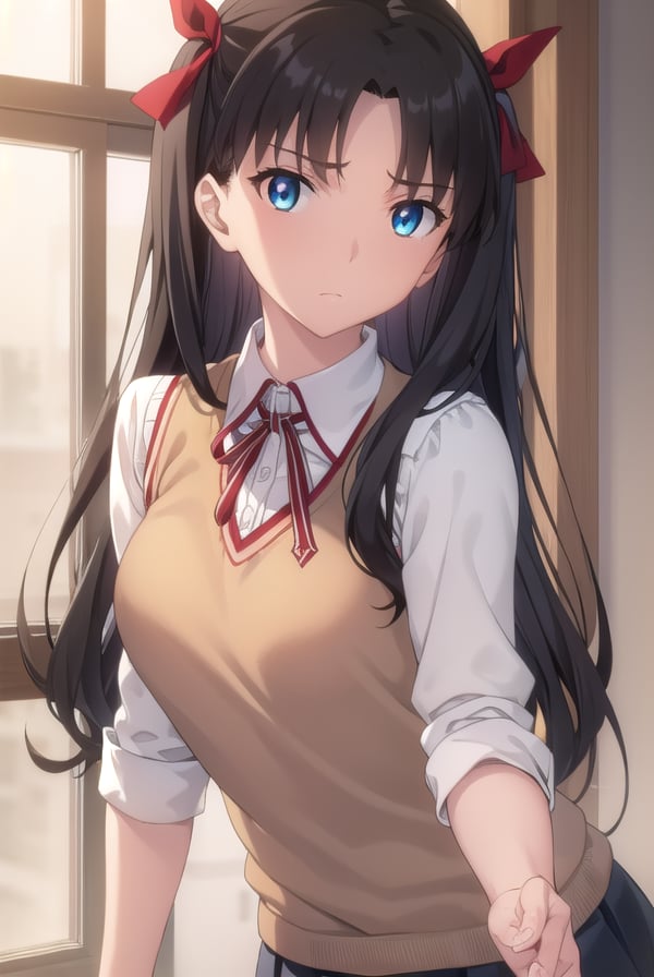 rintohsaka, <lora:rin tohsaka ubw-lora-nochekaiser:1>, rin tohsaka, aqua eyes, (black hair:1.5), hair ribbon, long hair, ribbon, sidelocks, two side up, (parted bangs:1.5),BREAK (brown sweater vest:1.2), collared shirt, homurahara academy school uniform, neck ribbon, red ribbon, ribbon, school uniform, shirt, sweater vest, white shirt,BREAK indoors, classroom,BREAK looking at viewer, (cowboy shot:1.5)BREAK <lyco:GoodHands-beta2:1>, (masterpiece:1.2), best quality, high resolution, unity 8k wallpaper, (illustration:0.8), (beautiful detailed eyes:1.6), extremely detailed face, perfect lighting, extremely detailed CG, (perfect hands, perfect anatomy),