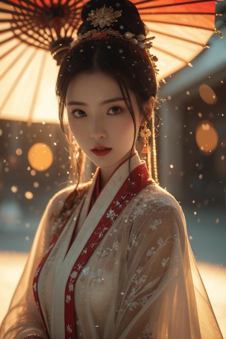 Warm Snow,1girl,solo,umbrella,oil-paper umbrella,blurry,looking at viewer,hair ornament,black hair,chinese clothes,depth of field,blurry background,realistic,bokeh,makeup,lipstick,best quality,masterpiece,illustration,an extremely delicate and beautiful,CG,unity,8k wallpaper,Amazing,finely detail,masterpiece,official art,extremely detailed CG unity 8k wallpaper,incredibly absurdres,huge filesize,ultra-detailed,highres,extremely detailed,beautiful detailed girl,realistic,<lora:Warm Snow_20240127032610:0.8>,