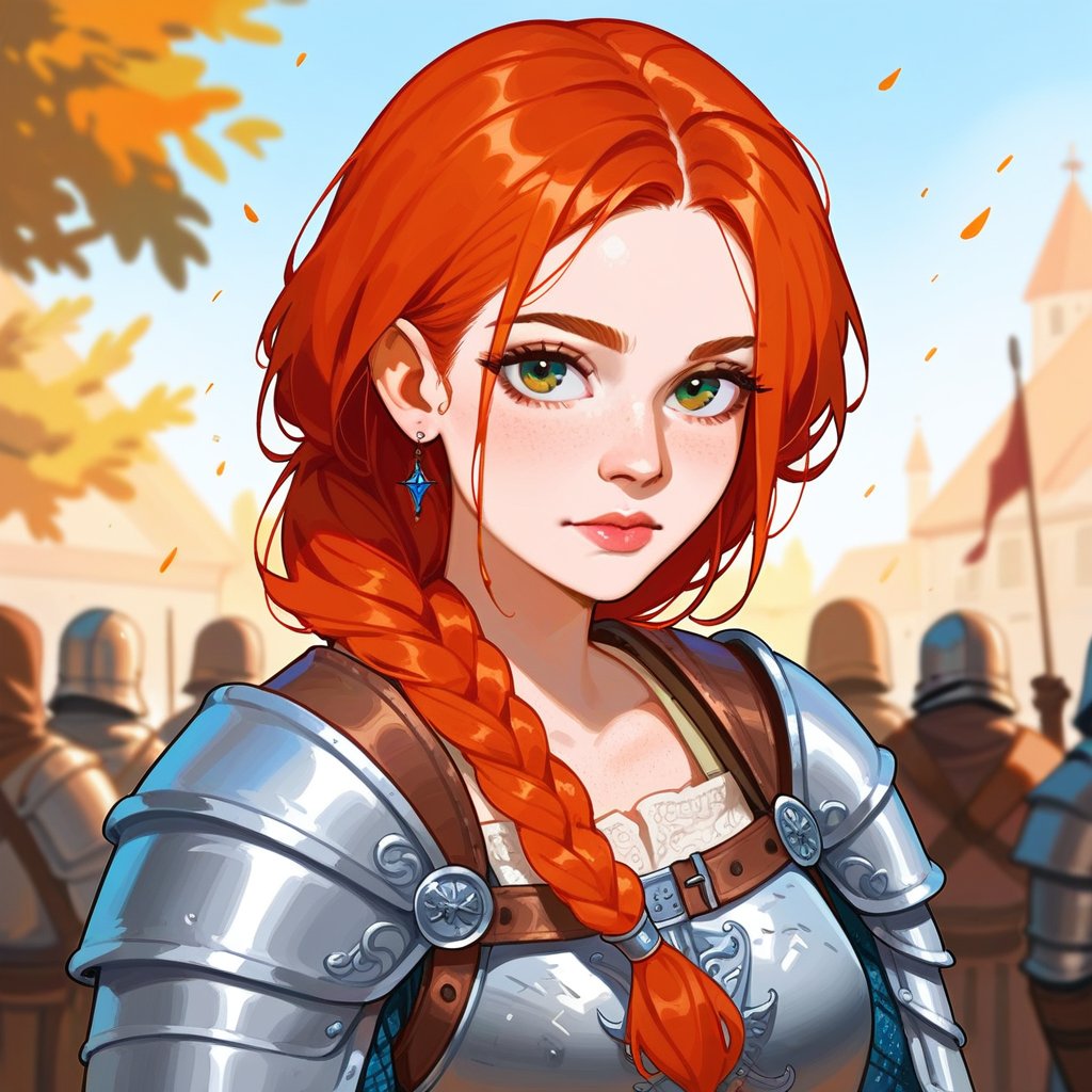 [score_9, score_8_up, score_7_up, score_6_up, score_5_up, score_4_up] ,illustration, beautiful redhead girl,woman medieval soldier,armor,[looking at viewer], 