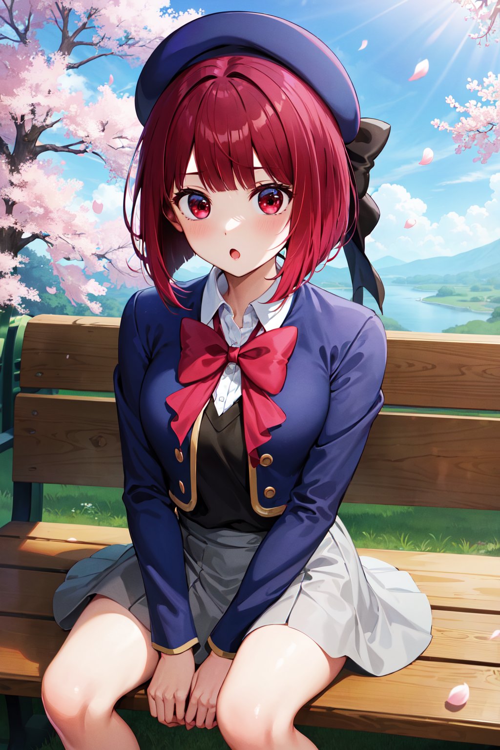 masterpiece, best quality, highres, aakana, aakana, short hair, beret, red eyes, blue headwear, red bowtie, collared shirt, blue jacket, open jacket, long sleeves, grey skirt, <lora:arima_kana_v1:0.7>, bench, outdoors, sitting, :o, petals