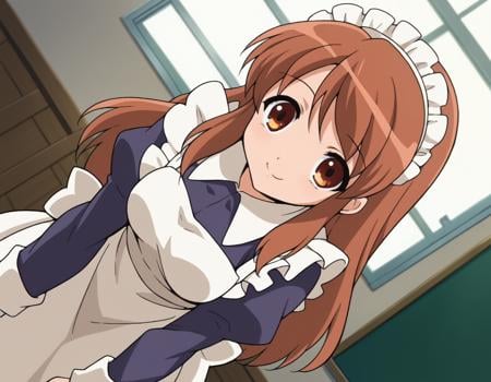 score_9, score_8_up, score_7_up, source_anime,mikuruasahina,  <lora:mikuru-asahina-s1-ponyxl-lora-nochekaiser:1>,mikuru asahina, long hair, brown hair, brown eyes,long sleeves, apron, maid, maid headdress,indoors, classroom, bent over, smile,looking at viewer, dutch angle, cowboy shot, solo,