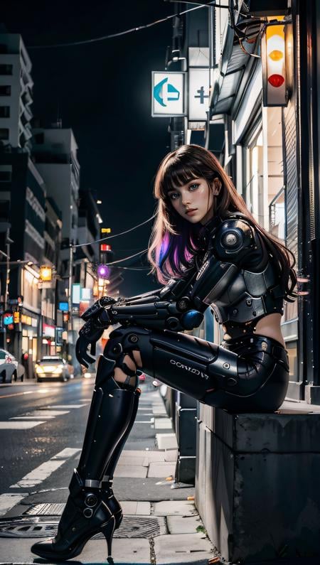 (best quality, masterpiece, colorful, dynamic angle, highest detailed)upper body photo, full body photo, fashion photography of cute 1girl, mechanical arms, cyborg, dark mood, dystopia, glowing, looking at viewer, sitting, long hair, bokeh (intricate details, hyperdetailed:1.15), detailed, moonlight passing through hair, (official cyberpunk art, extreme detailed, highest detailed), HDR+