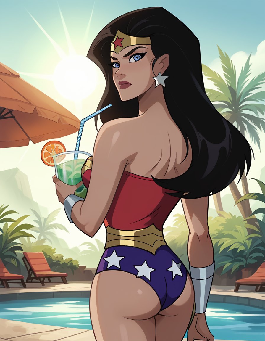 score_9, score_8_up, score_7_up, 1girl, solo, wonder woman, from behind, ass focus, ass, looking back, annoyed, black hair, tiara, star earrings, bracers, strapless leotard, holding tropical drink, bendy straw, poolside at a tropical resort, sunlight, day, dcaustyle