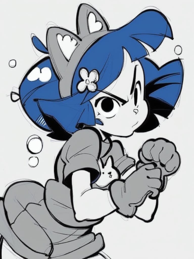 score_9, score_8_up, score_7_up, score_6_up, cat girl, big puffy gloves, plump, from side, front, leaning forward, cute pose, angry, looking at viewer, simple white background, dynamic pose, splash art, concept art, cowboy shot, blue hair, hair ornament, cat ears, <lora:INKtoonXLP_Style:1> InkToon, monochrome, black eyes, simple background, cute, sketch, thin line, cartoon