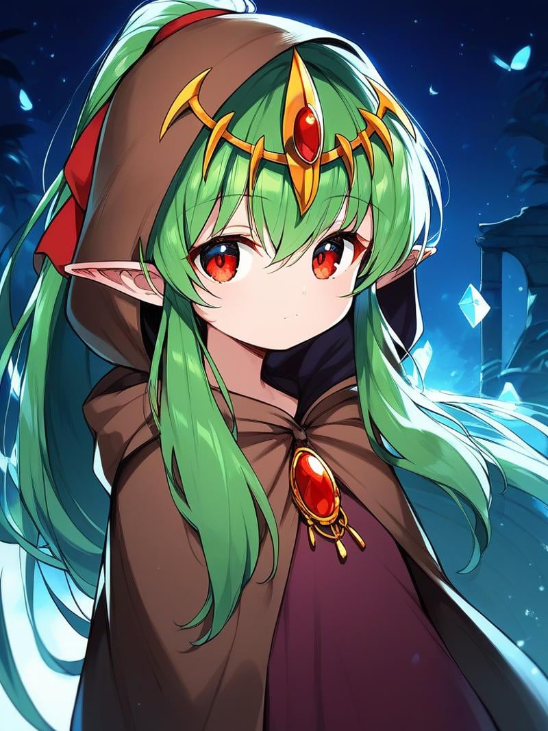 score_9, score_8_up, score_7_up, source_anime, rating_explicit, BREAK  <lora:Tiki_FE_XL:1>  Tiki, pointy ears, long hair, green hair, ponytail, tiara,  flat chest, hair ribbon, very long hair, short stack,red eyes, stone, solo, brown hood, hood up, jewelry,  closed mouth, cloak, gem, upper body, dress, hair ornament, hooded cloak,looking at viewer, night, 