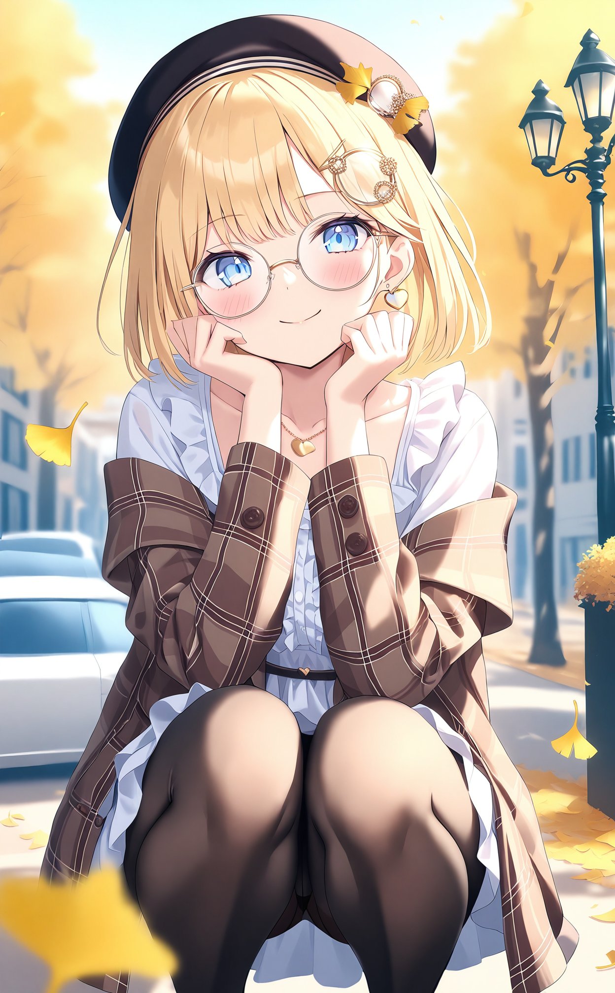 masterpiece,best quality,high quality,(colorful),blonde hair,pantyhose,jewelry,blue eyes,virtual youtuber,lamppost,necklace,heart,hat,smile,outdoors,looking at viewer,glasses,round eyewear,hair ornament,watson amelia,1girl,squatting,motor vehicle,earrings,beret,black headwear,solo focus,car,heart necklace,short hair,official alternate hairstyle,heart earrings,jacket,day,bob cut,closed mouth,off shoulder,frills,black pantyhose,plaid jacket,ginkgo leaf,brown jacket,building,autumn leaves,shirt,long sleeves,white shirt,plaid,tree,hands on own face,open clothes,collarbone,hands on own cheeks,blush,frilled shirt,autumn,feet out of frame,blurry background,street,head rest,solo,official alternate costume,