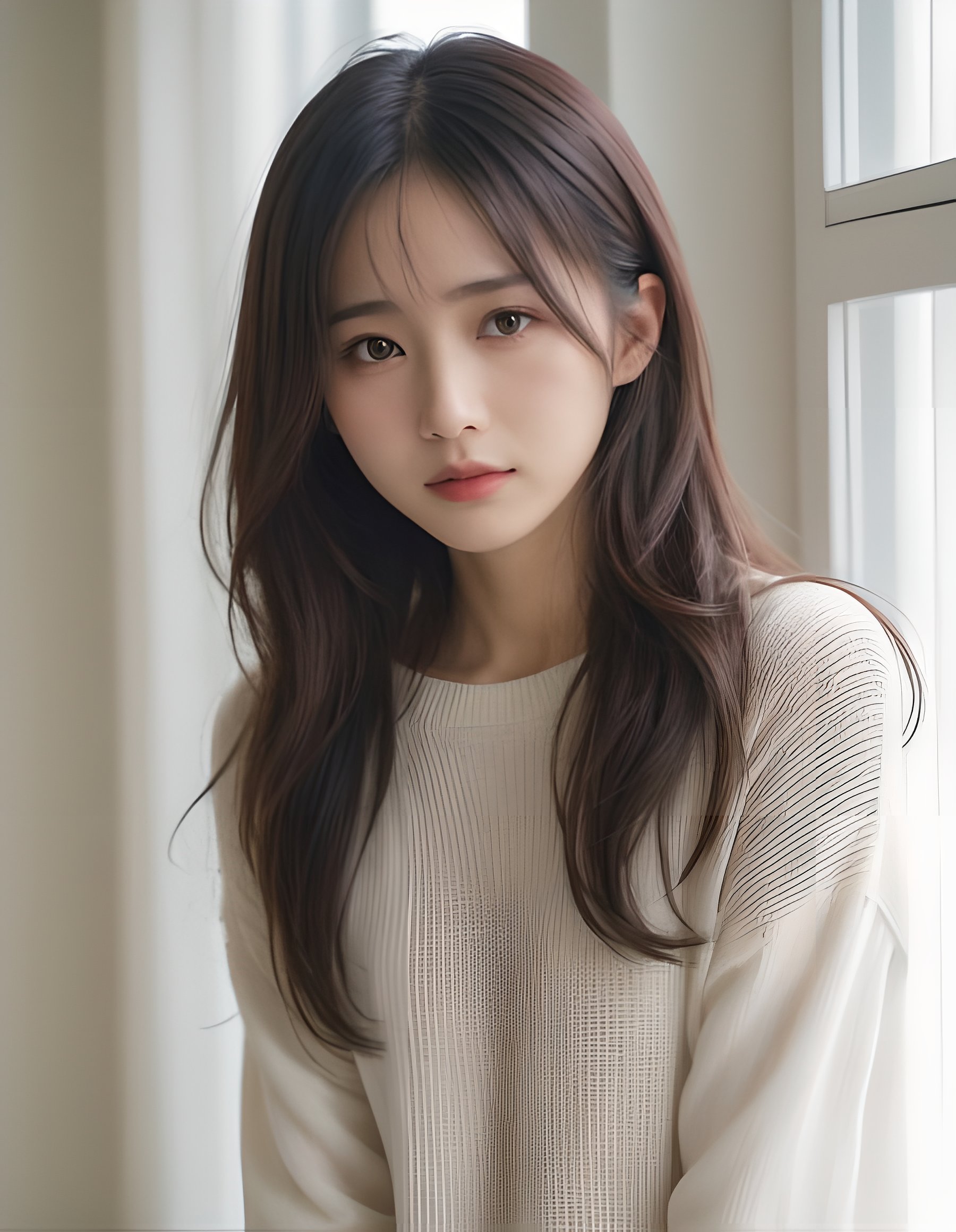 japanese woman, (close-up:2), (natural lighting),wavy hair, forehead, (dark brown eyes),(from side), (downward slanting eyes),pouty,(white sweater),(dyanmic posing)(see-through curtain, bright room)