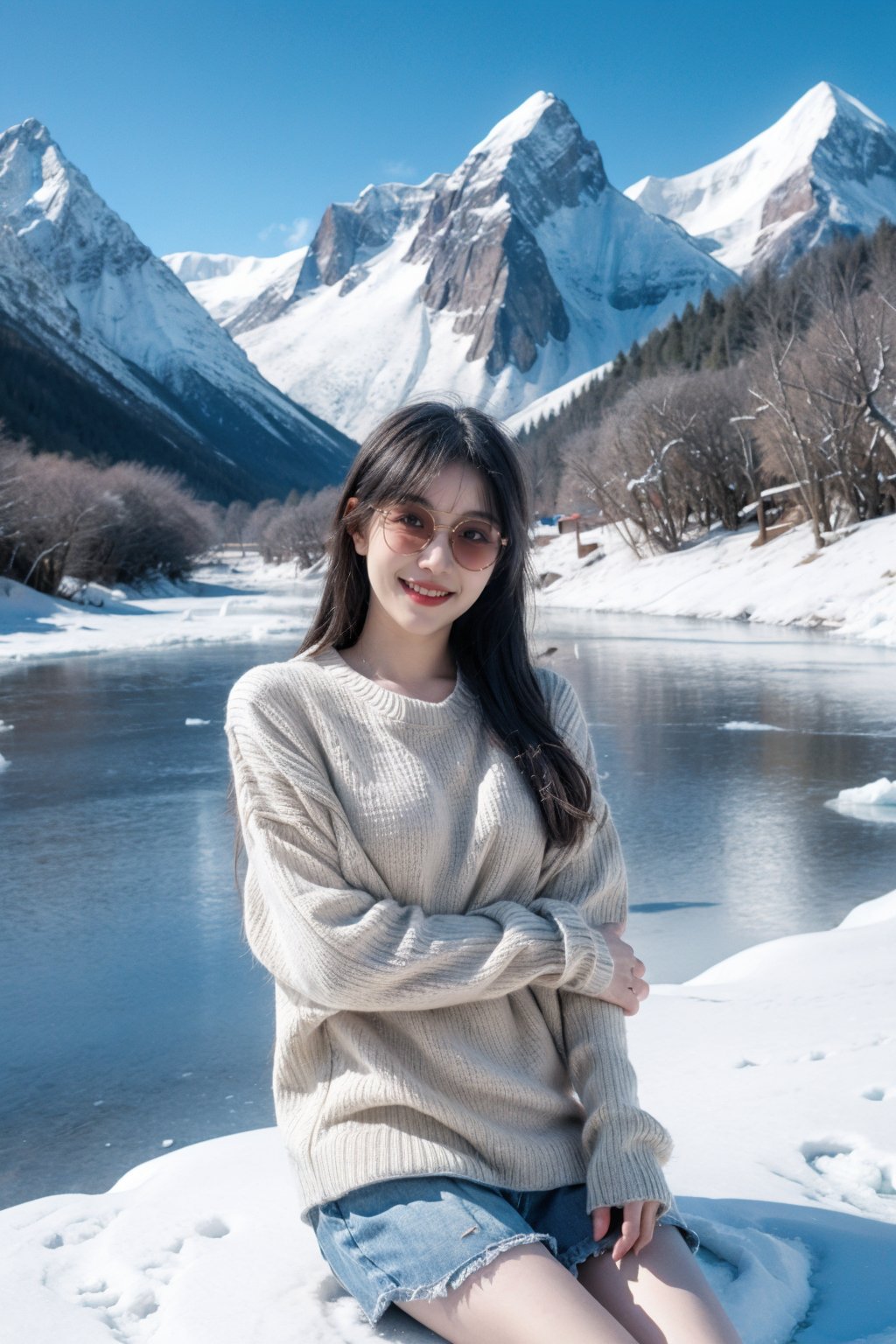 1gril,sunglasses,outdoors,sky,day,blue sky,scenery,snow,reflection,ice,mountain,motion blur,lake,frozen,Anime style,.,portrait of a girl,Sitting,Light smile,sweater,looking at viewer,