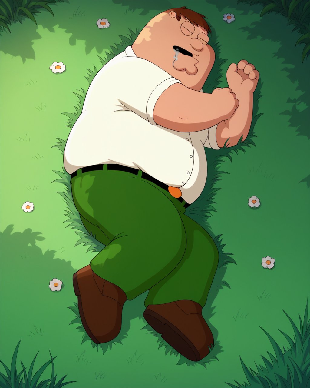 score_9, score_8_up, score_7_up, zPDXL,   <lora:FamilyGuy_style_PDXL:0.95>source_cartoon, familyguystyle, 2d, circle eyes,1boy, Peter Griffin,white shirt, side view, green pants, fat man, cleft chin, sleeping, eyes closed, laying on ground, grass, drool, messy hair