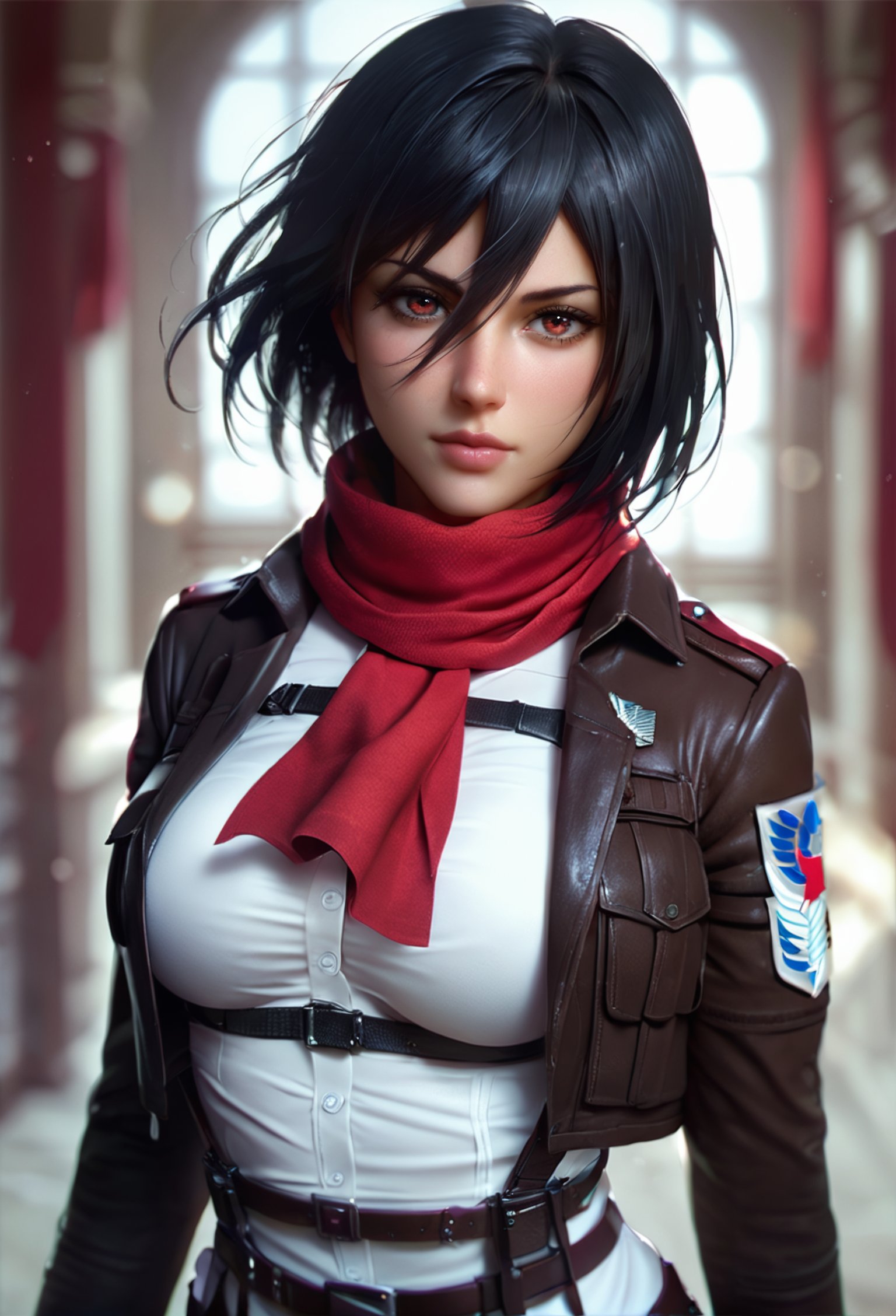 score_9, score_8_up, score_7_up, 1girl, solo, breasts, looking at viewer, short hair, shirt, black hair, red eyes, long sleeves, hair between eyes, closed mouth, jacket, white shirt, upper body, weapon, open clothes, belt, scarf, blurry, uniform, open jacket, lips, blurry background, red scarf, emblem, paradis military uniform, three-dimensional maneuver gear, survey corps (emblem), mikasa ackerman