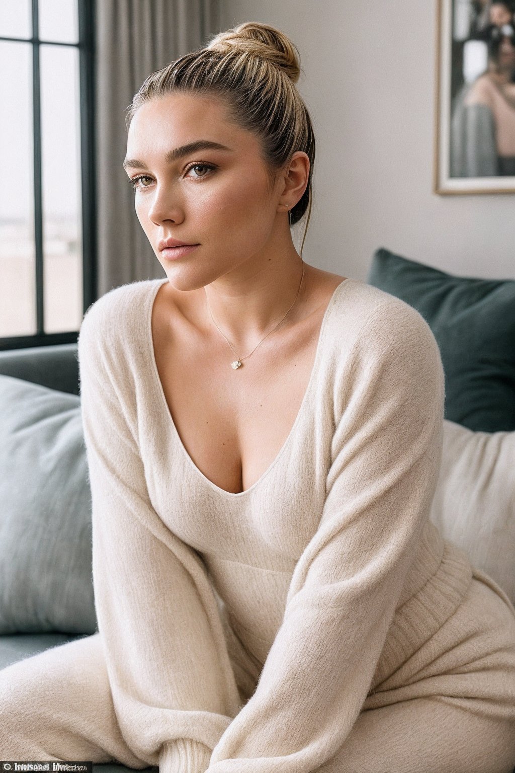 FlorenceP_SoloTI_v1,  (In a cozy oversized sweater and soft joggers,  her hair is loosely tied in a messy bun by Solo on T...