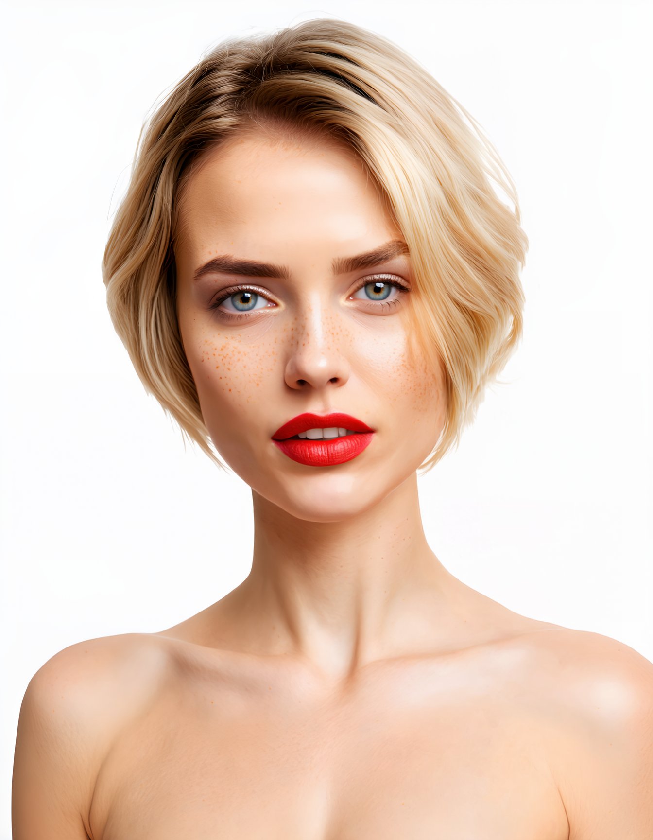 (best quality, 4k, 8k, highres, masterpiece), ultra-detailed, face makeup, cosmetic makeup, woman, looking at viewer, short hair, blue eyes, simple background, blonde hair, white background, parted lips, lips, makeup, portrait, freckles, realistic, red lips, photorealistic, makeup_slider_v1_sd3m.safetensors