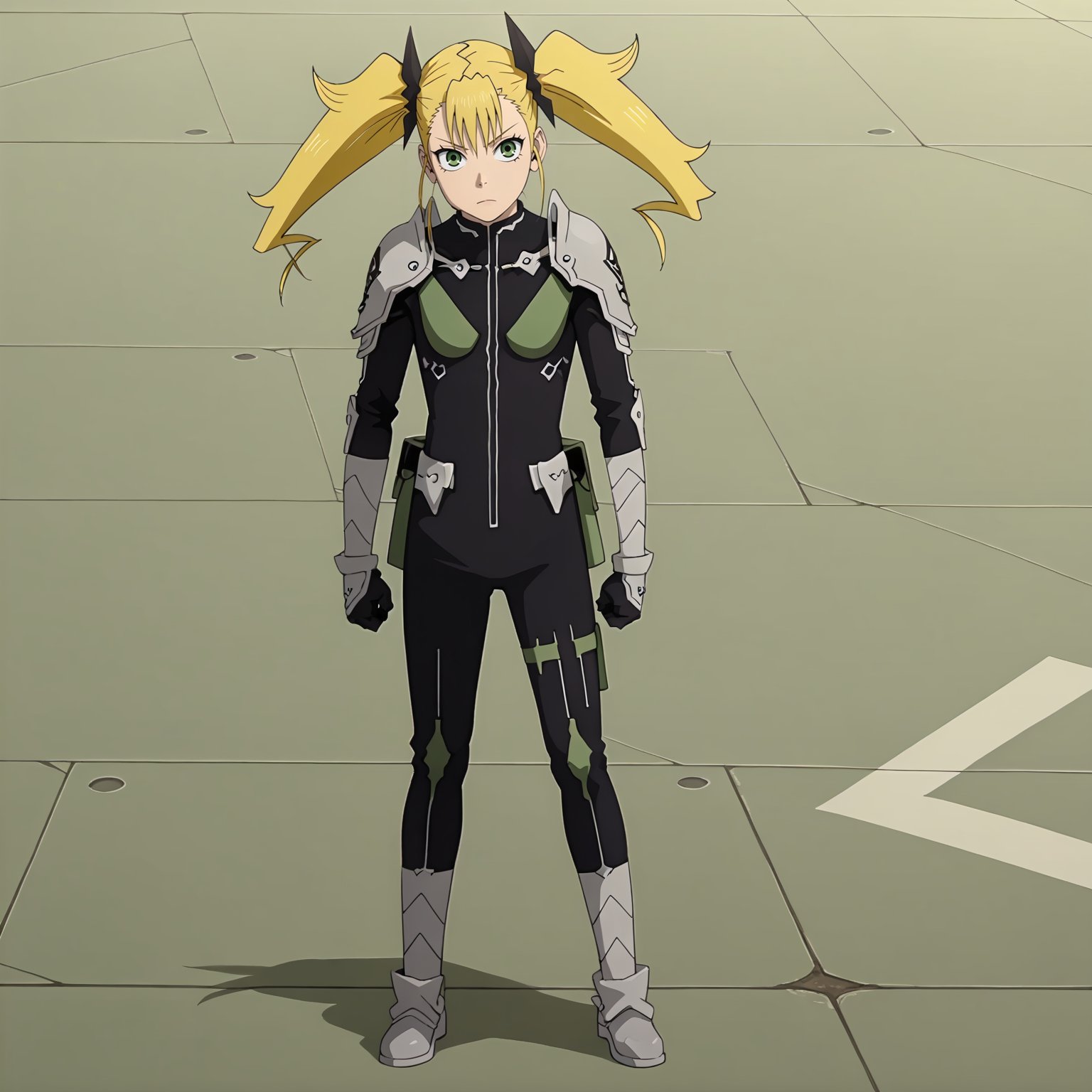 <lora:KikoruShinomiyaXLpony002>,solo,KikoruShinomiya,1girl,blonde hair,twintails,green eyes,black bodysuit,shoulder armorgauntlets,boots,full body,standing,