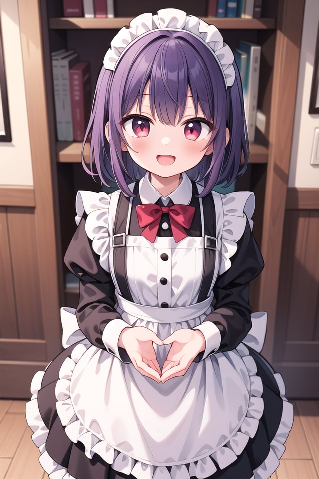 insanely detailed, absurdres, ultra-highres, ultra-detailed, best quality,1girl, solo, nice hands, perfect handsBREAK(cleavage:-1.5),(traditional maid:1.2),apron, blush, bow, bowtie, frilled apron, frills, long sleeves, maid, maid apron, maid headdress, waist apron, white apron,(maid costume, maid hair dress:1.3), long skirtBREAKhappy smile, laugh, open mouthBREAKfrom above,standing, cowboy shot, looking at viewerBREAKslender, kawaii, perfect symmetrical face, ultra cute girl, ultra cute face, ultra detailed eyes, ultra detailed hair, ultra cute, ultra beautifulBREAKfantasy world, in castle, indoors, antique interior, depth of field, ultra detailed backgroundBREAKmedium large breastsBREAK(purple hair, red eyes), medium hair, hime cut