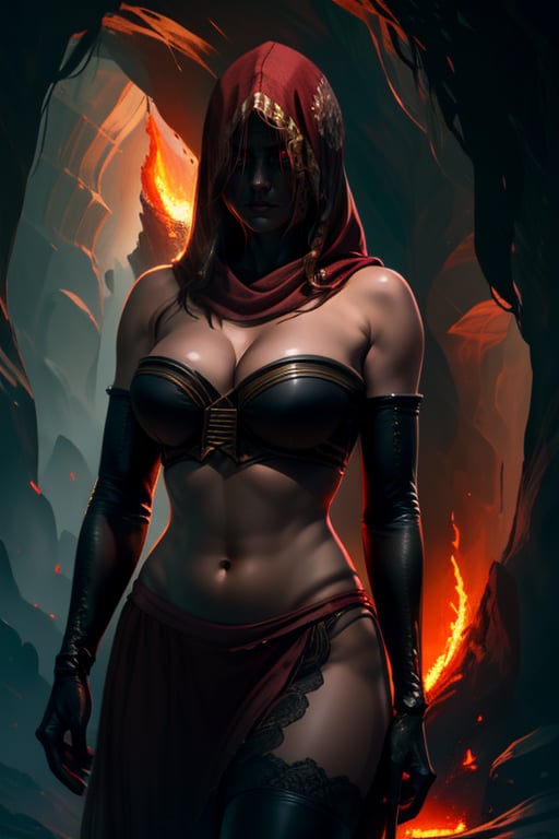 Dsorceress, solo, standing, shadowy face, dark cave, fire, (insanely detailed, beautiful detailed face, masterpiece, best quality) cinematic lighting,  <lora:Dsorceress-10v3:0.8>