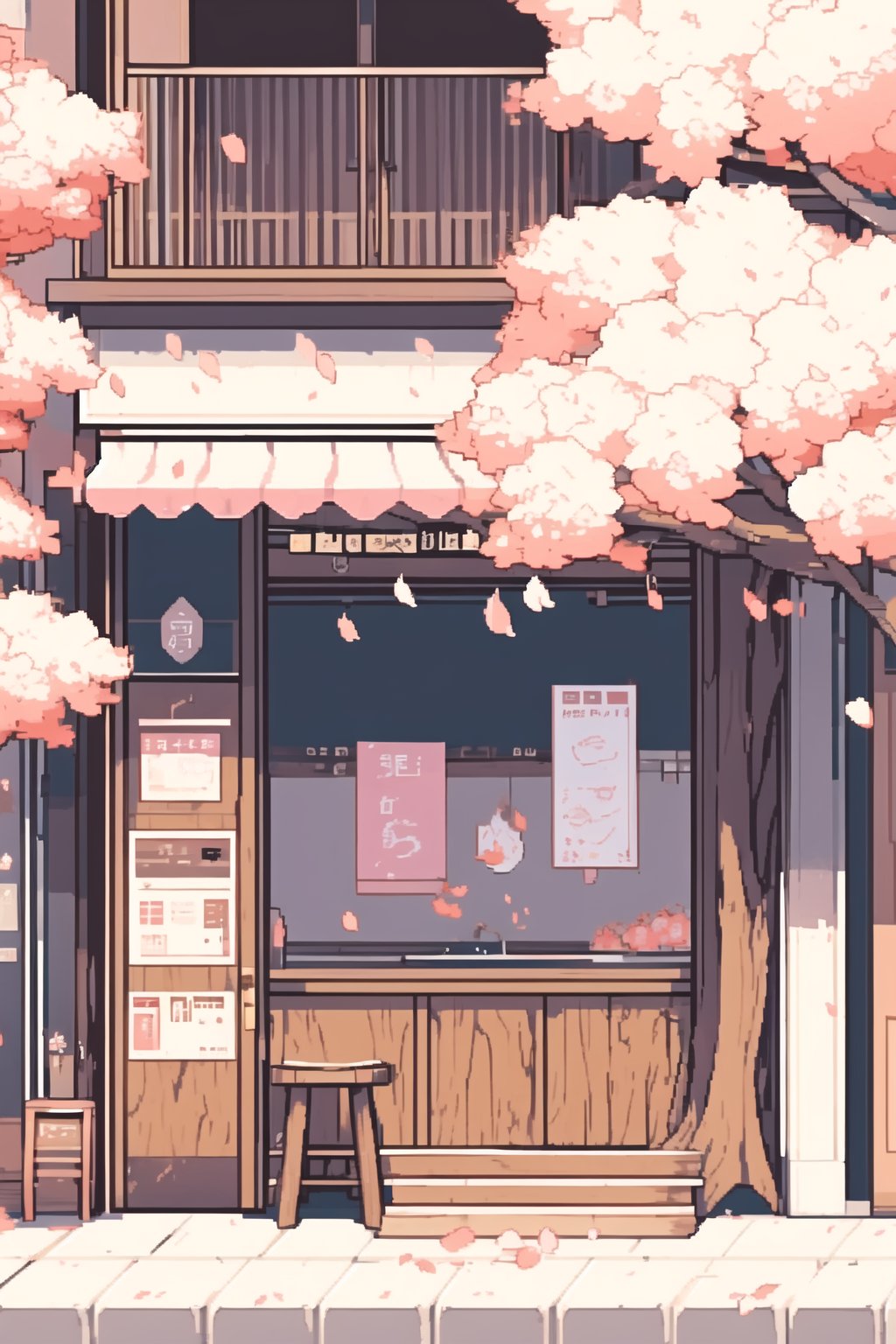 no humans, cherry blossoms, outdoors, sign, scenery, petals, tree, building, bench, door, window <lora:Pixel Art1.1:0.8>,