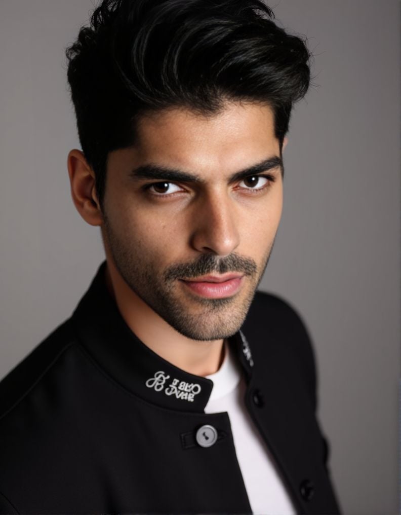 Smaran Sahu ,  posing confidently at during a portrait photoshoot. The scene is focused on a headshot. intense gaze and se...