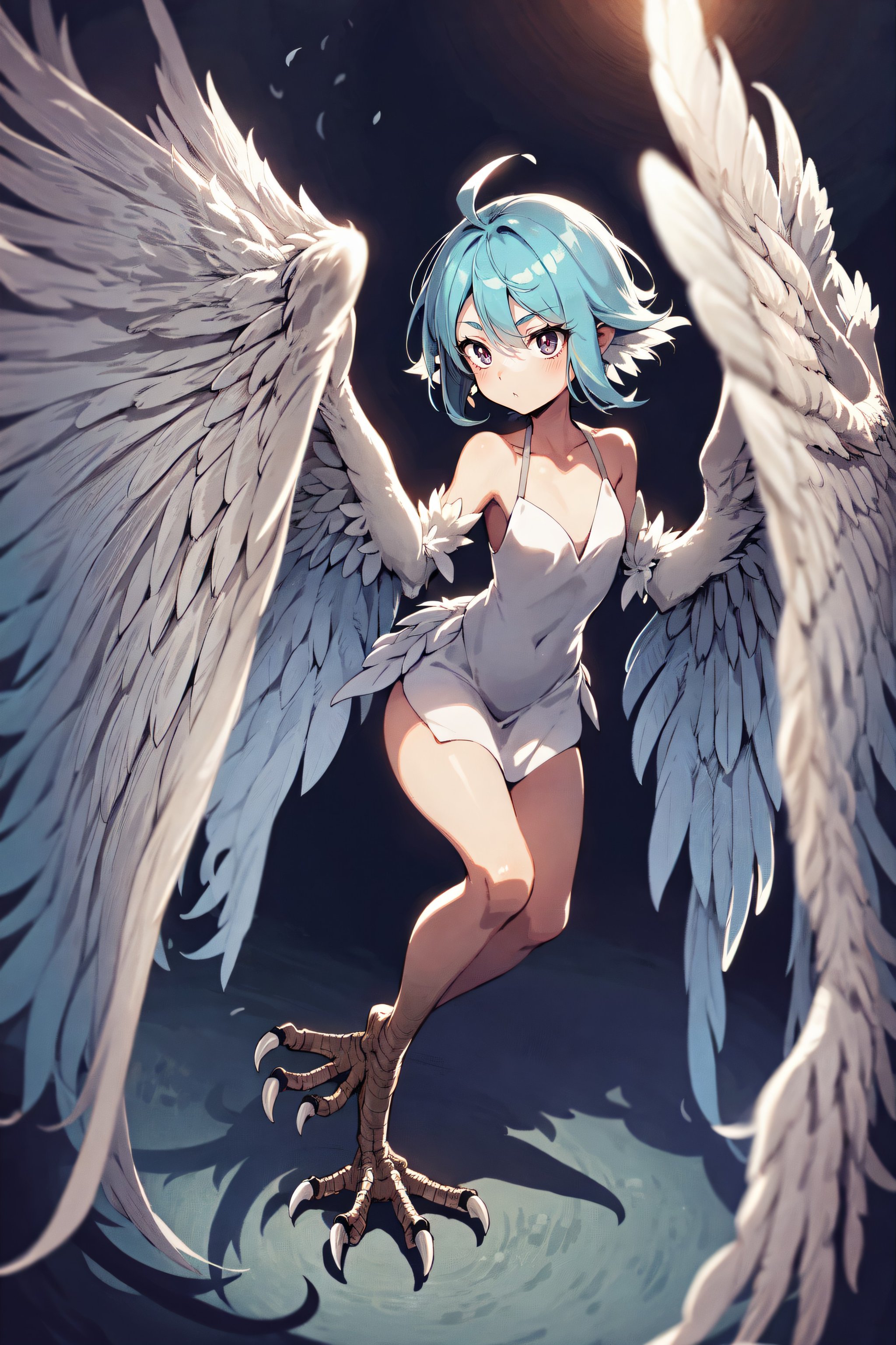 1girl, harpy, feathers, full body, talons, mature girl, big wings, Original Character, Volumetric Lighting, Best Shadows, Shallow Depth of Field, Stunningly Beautiful Girl, Petite, Delicate Beautiful Attractive Face