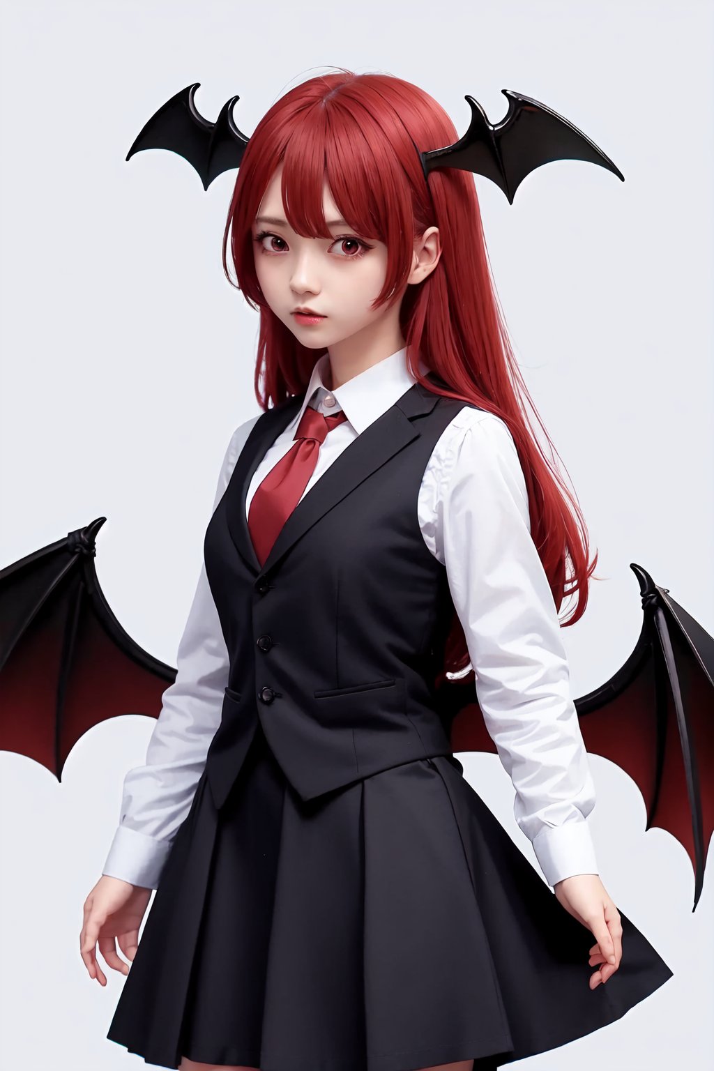 koakuma,1girl,head_wings,bat_wings,solo,red_necktie,open_mouth,black_vest,white_shirt,looking_at_viewer,simple_background,blush,long_sleeves<lora:koakuma:1>,simple background,white backgroundmasterpiece,best quality, highly detailed, 