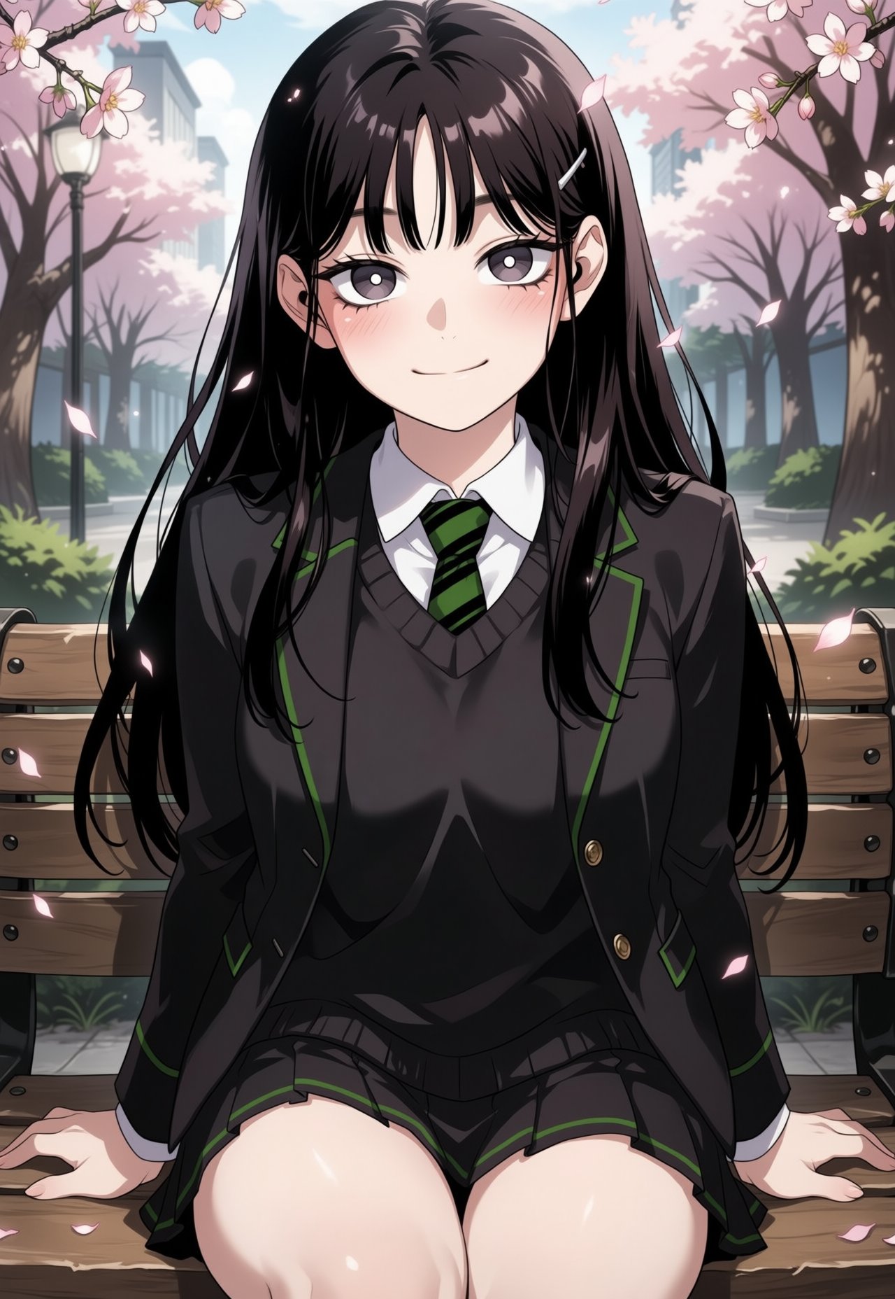 masterpiece,  best quality,  score_7"sitting on a vintage bench in a city park surrounded by blooming cherry blossoms"BREA...