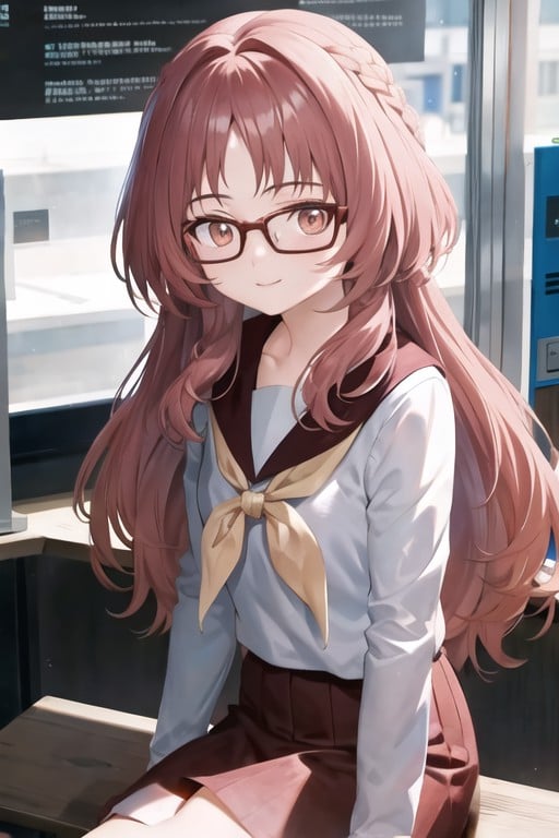 aimie, glasses, sitting, smile, looking at viewer, city <lora:ai_mie_v3.1-000005:1>