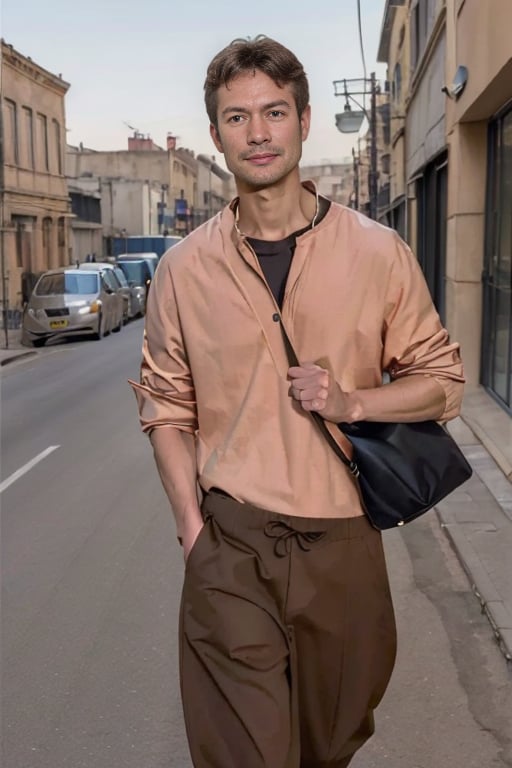 ParisM2Fashion, 1boy, solo, male focus, red shirt, white background, simple background, hand in pocket, pants, bag, male focus, grey shirt, looking at viewer, brown pants, walking, shoulder bag, standing, black hair, shoes, brown hair, parted lips,outdoors,street, bigbuildings  in the background, , <lora:SD1.5_ParisM2Fashion.v2.0:0.8>