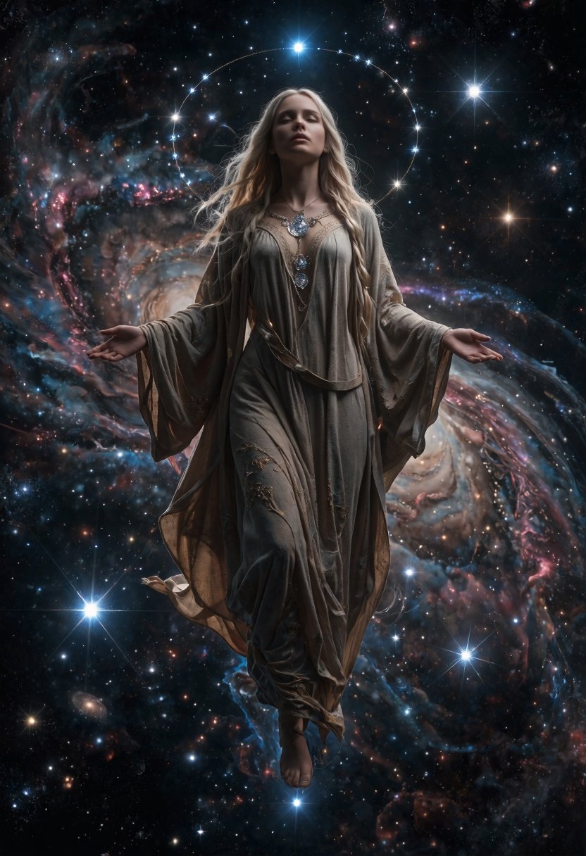 masterpiece,  celestial oracle floating among galaxies and nebulae,  cosmic robes by Electric Dreams on Tensor.Art